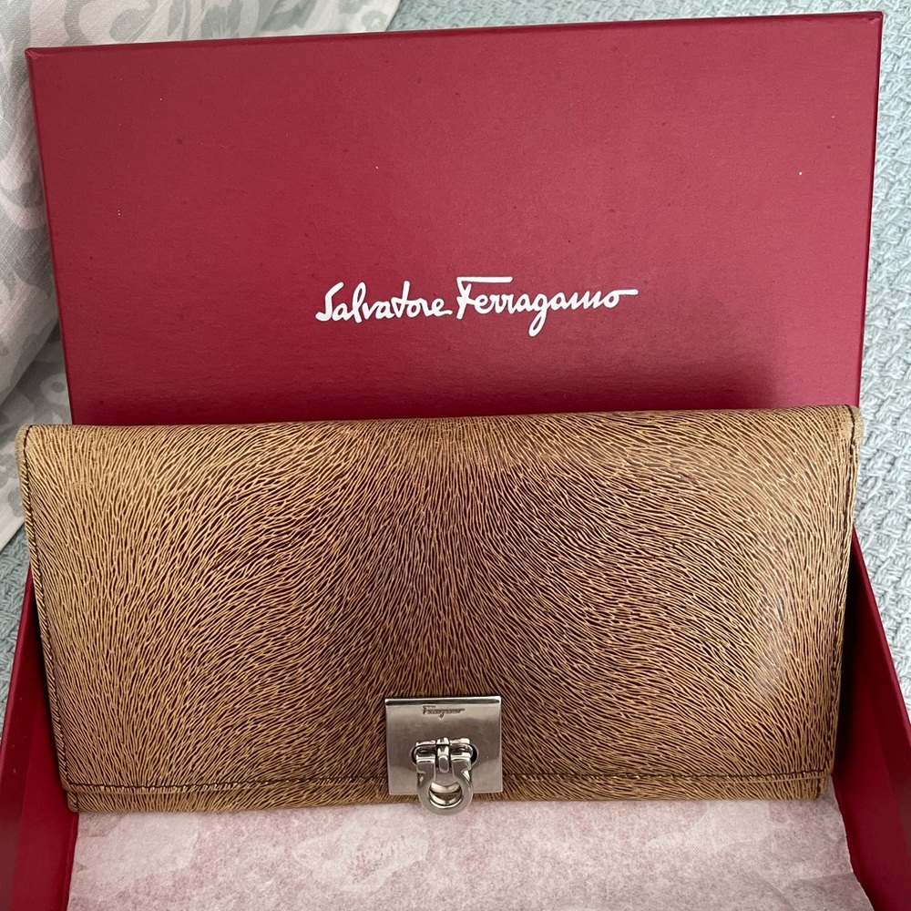 Salvatore Ferragamo brown embossed leather Gancio continental wallet with silver